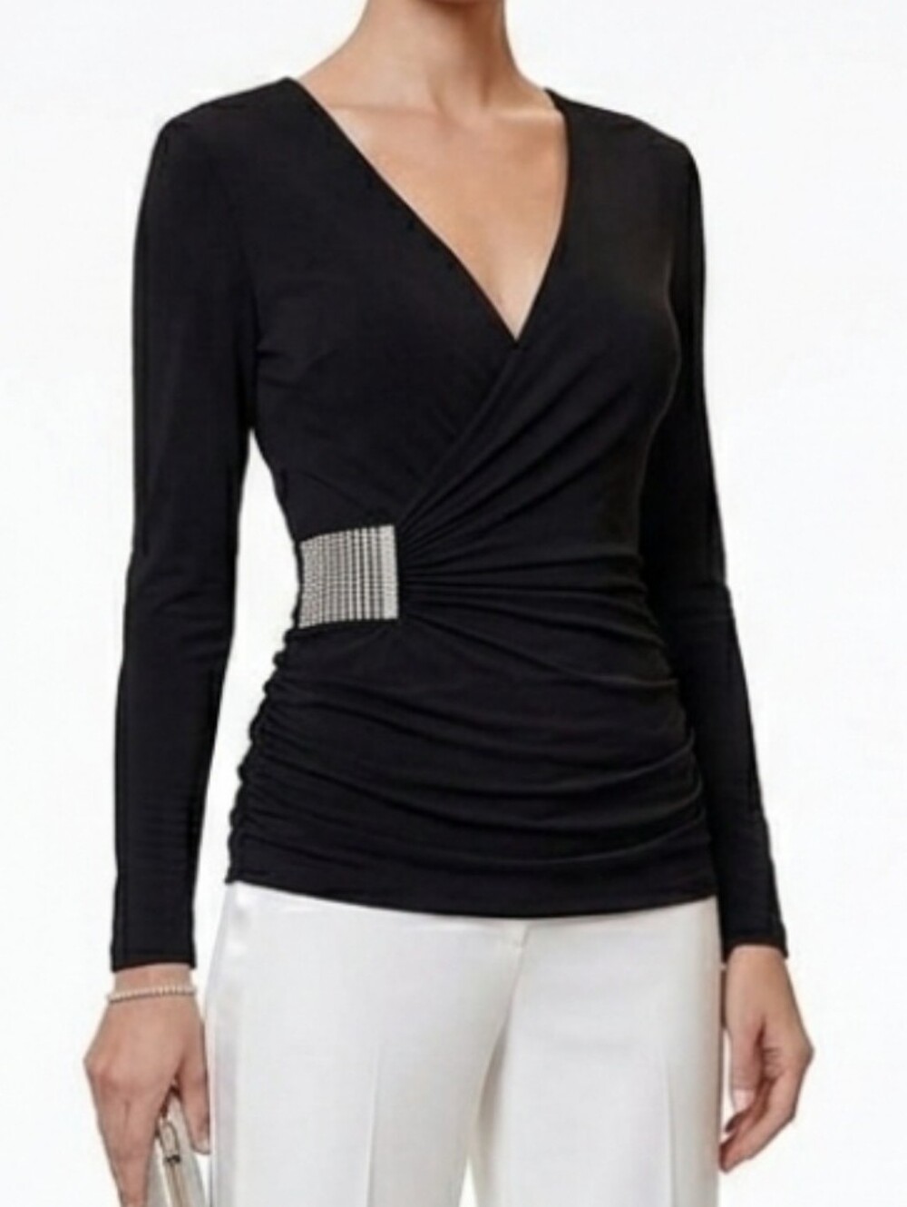 Sky Clothing Brand Black Rhinestone Detail Vegas Club Wear Top Rayon Lined Sz S